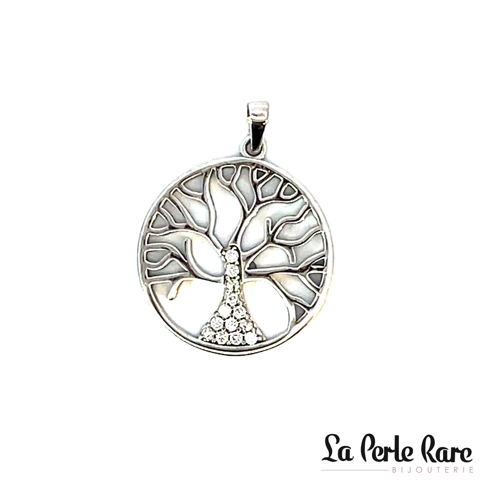 Pendentif arbre de vie, or blanc 10 carats, zircons incolores - PNM-41-B - Exclusivités