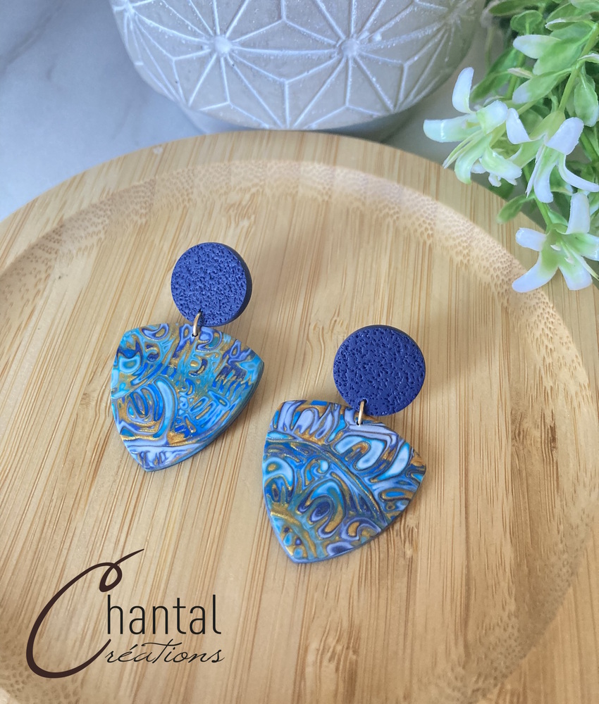 Bo pendantes Adèle bleu et or, acier, argile polymère
