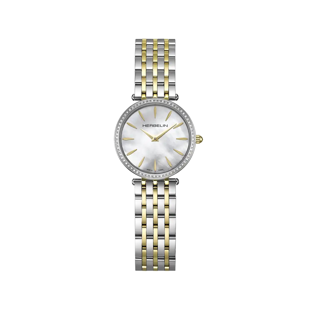 Two tone stainless steel watch, mother of pearl and diamonds