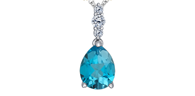 Pendentif or blanc 10 carats, topaze bleue, 12 points de diamant total, certificat - P4683W-10 - Corona