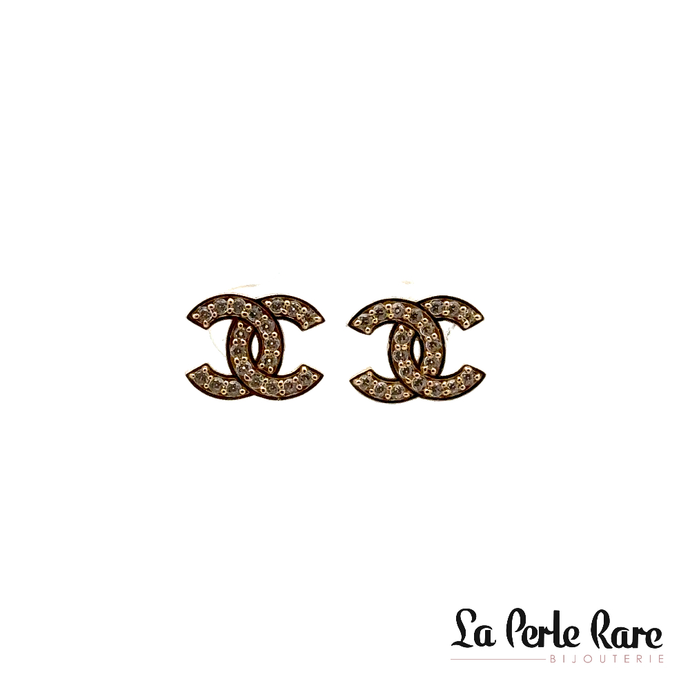 Boucles d'oreilles fixes de style Coco Chanel en or jaune avec zircons - LPR-2388 - Exclusivités