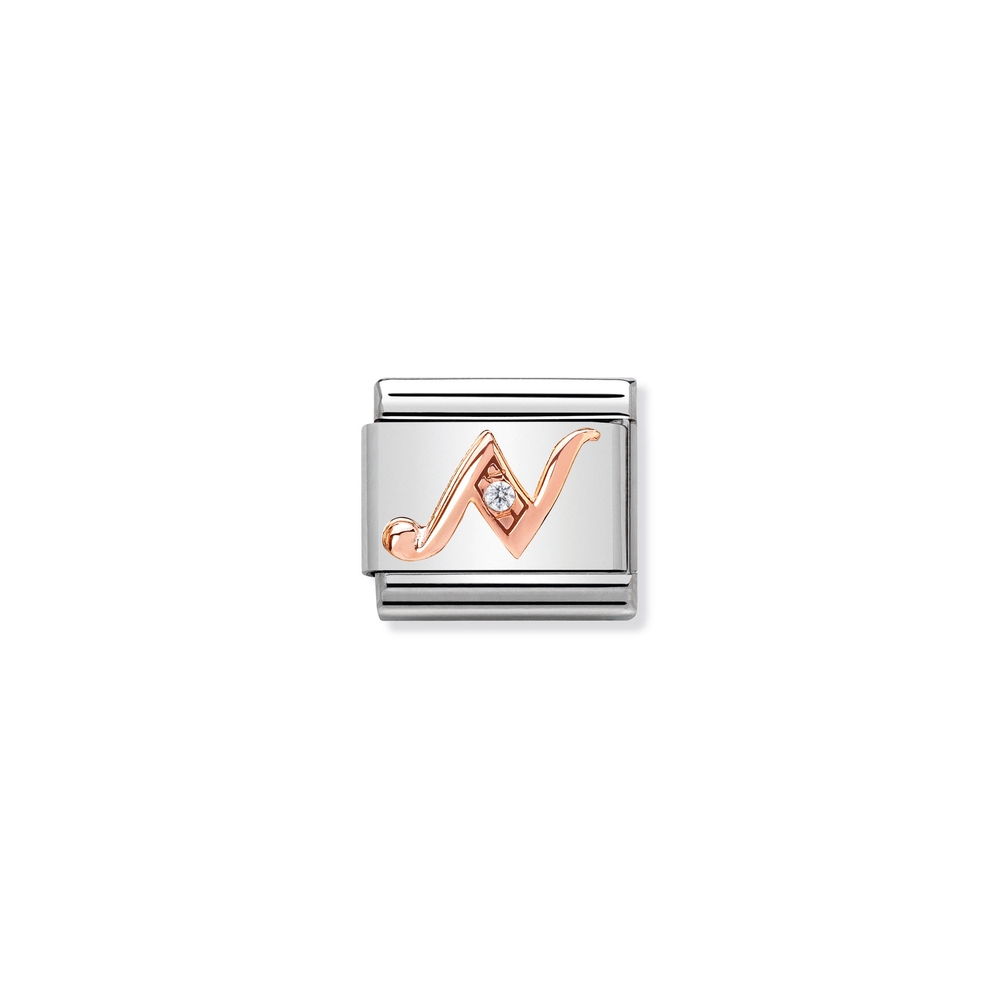 Maille classique lettre N, acier inoxydable, or rose 9k, zircon incolore - 43031014 - NOMINATION