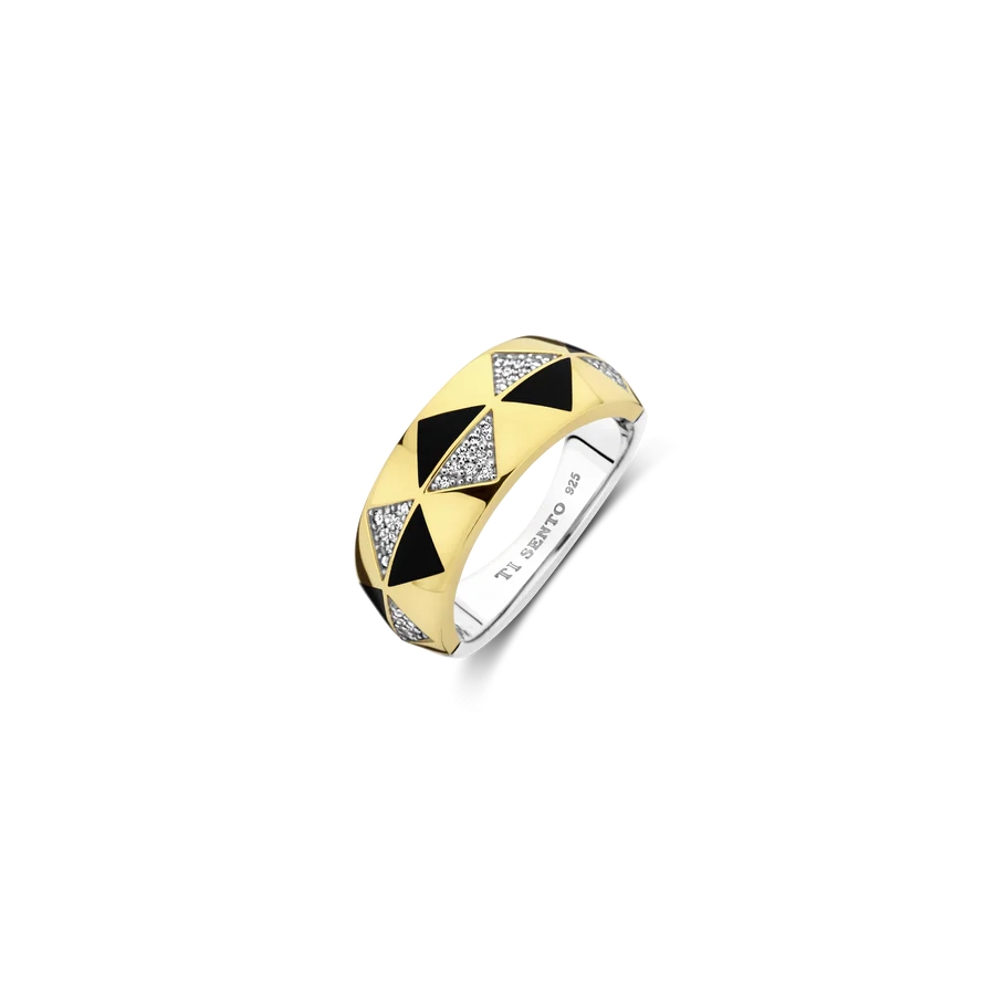 Bague argent 2 tons (blanc et jaune), zircons incolores, pierres noires - 12350BL-56 - Ti Sento