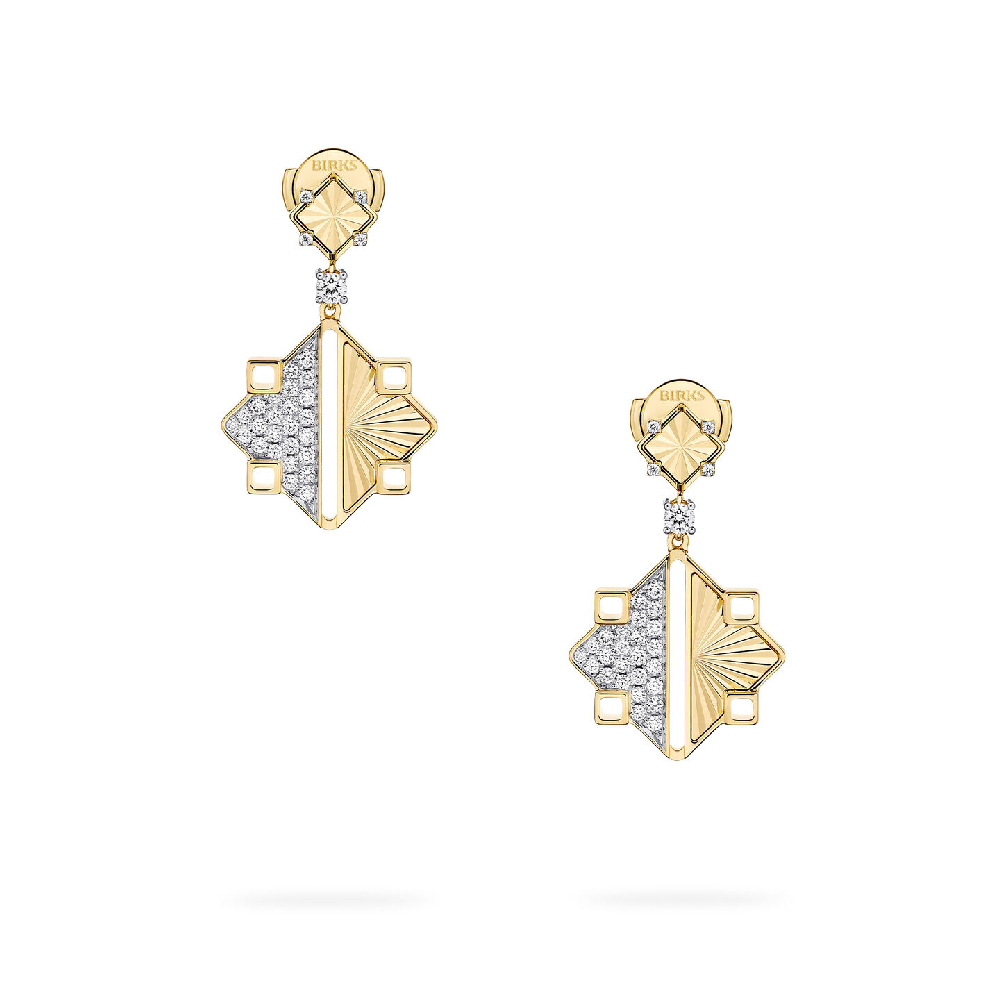 Boucles d'oreilles pendantes Birks Muse Guilloché, or jaune 18 carats, 36 points de diamant total - 450018706577 - Birks