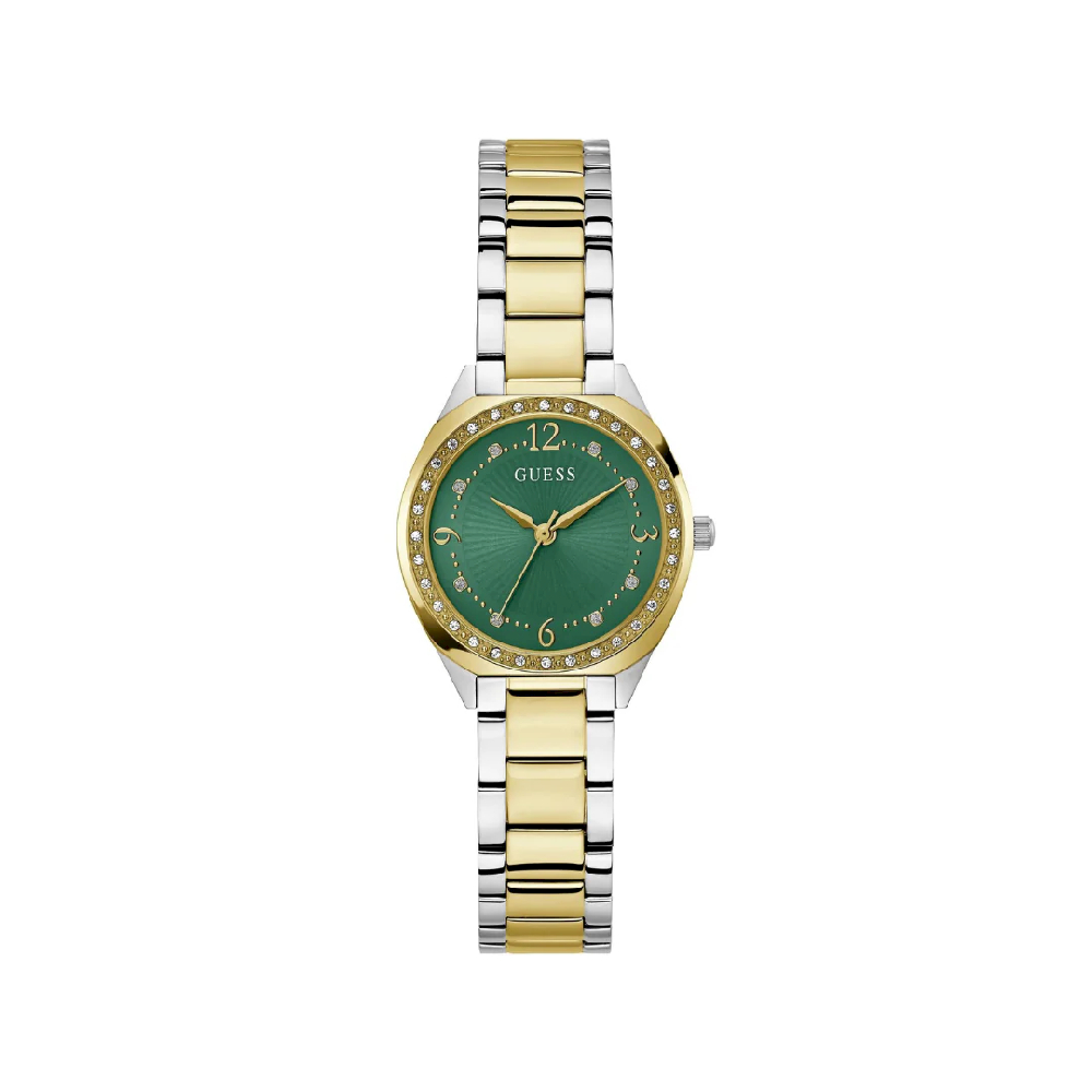 Montre acier inoxydable 2 tons (blanc/jaune), zircons incolores, fond vert - GW0767L4 - Guess