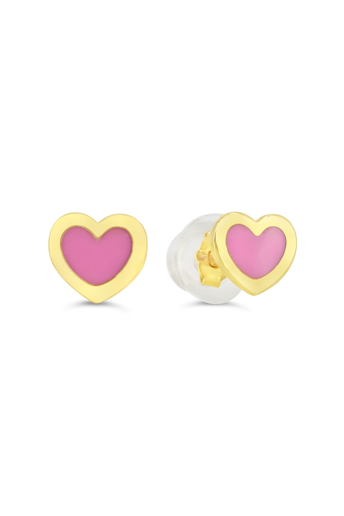 Boucles d'oreilles fixes coeurs, or jaune 14 carats, émail rose