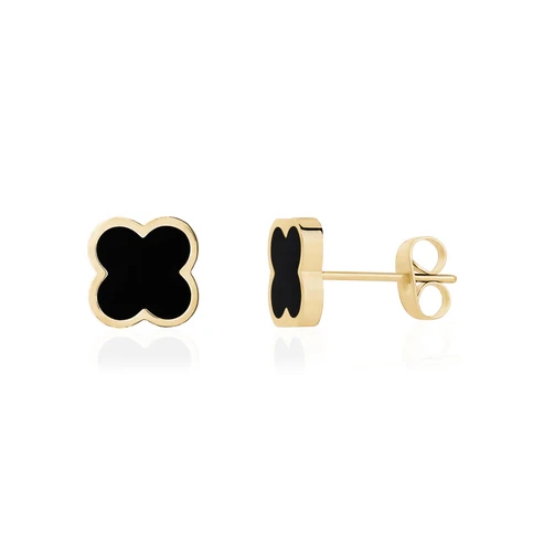 Boucles d'oreilles fixes de style Van Cleef, acier inoxydable doré, émail noir - ZW-E47G - Arz Steel