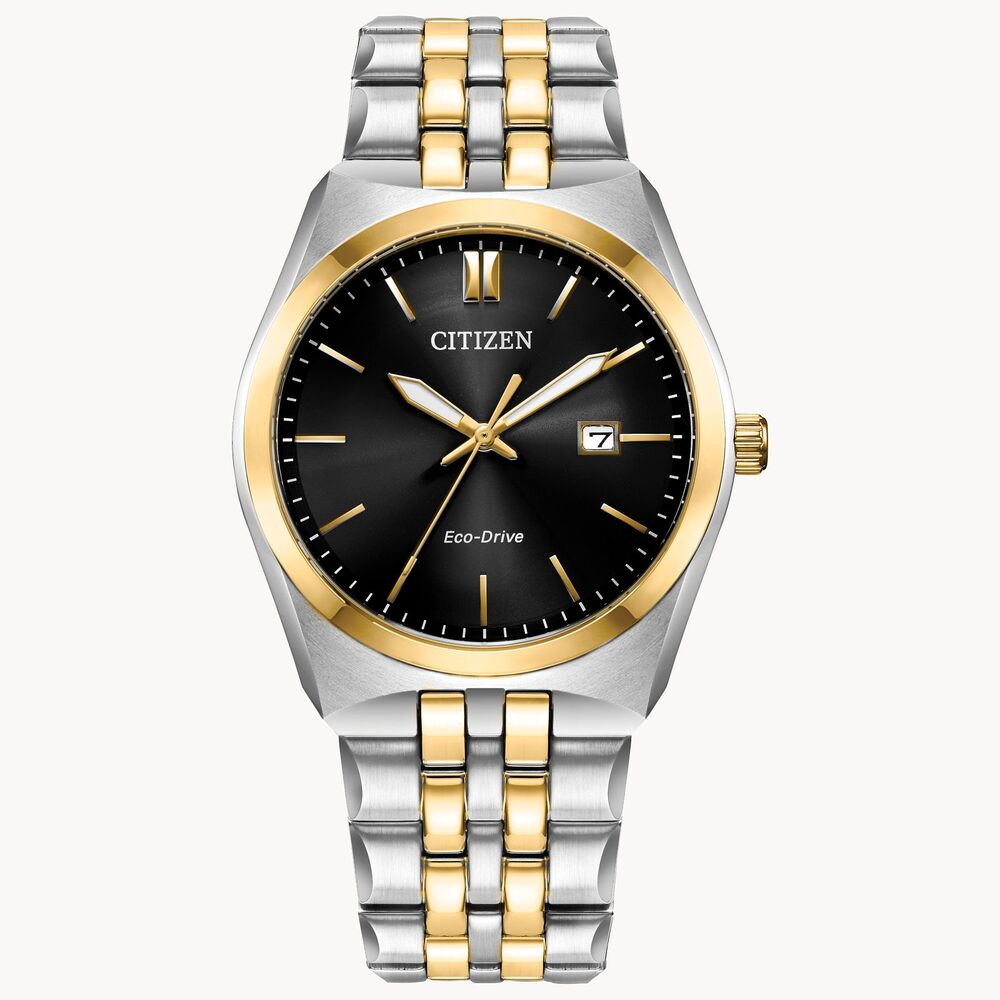 Montre Eco-Drive acier 2 tons (blanc/jaune), fond noir
