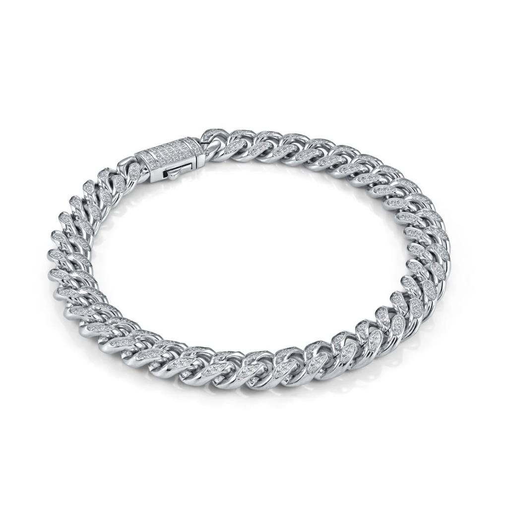 Bracelet gourmette, acier inoxydable, zircons incolores, 8 millimètres