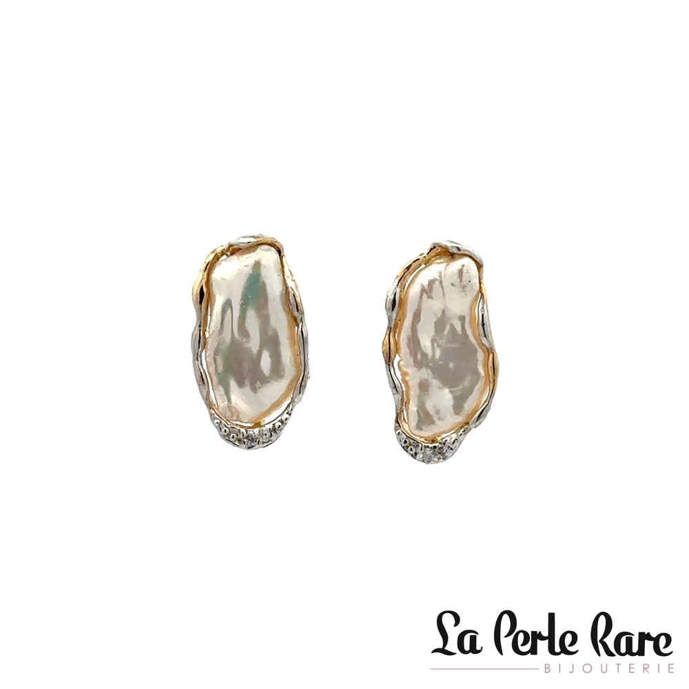 Boucles d'oreilles fixes or 2 tons (jaune/blanc) 10 carats, perles baroques, 4 points de diamants total - LPR-2658 - Exclusivités