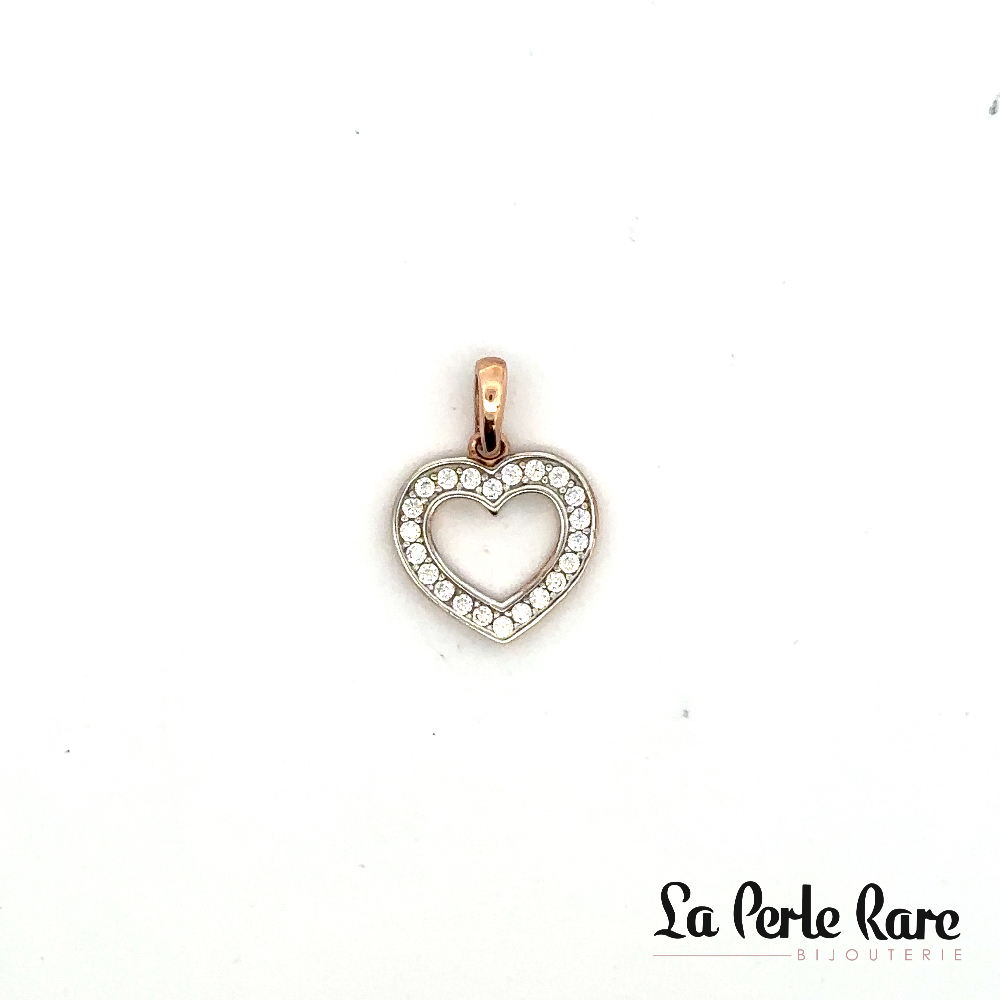 Pendentif coeur, or rose 10 carats, zircons incolores