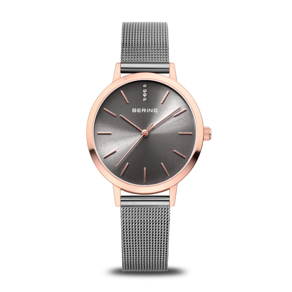 Montre acier inoxydable 2 tons (anthracite et rose), fond nacré noir - 13434-369 - Bering