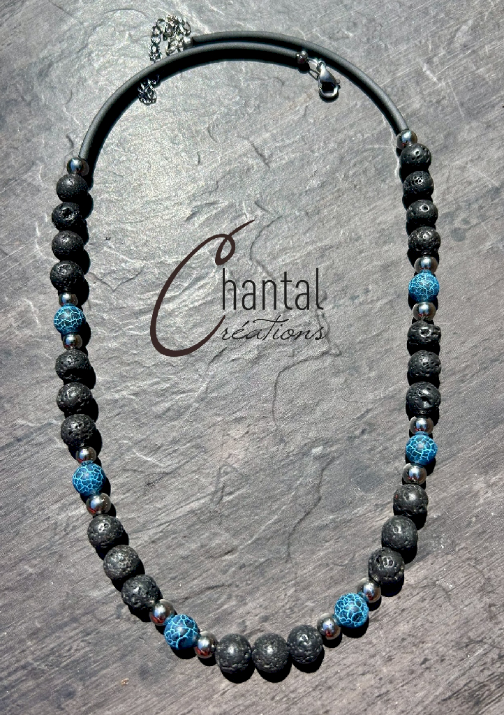 Collier Patrick turquoise craquelée, pierre de lave, agates craquelées turquoise, acier inoxydable, pvc