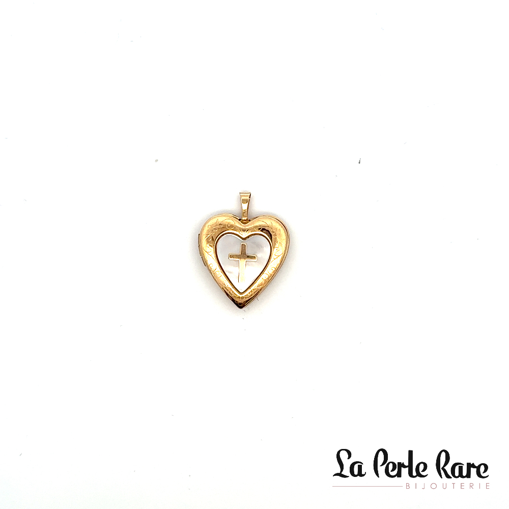 Pendentif loquet coeur et croix, or jaune 10 carats, nacre de perle - LPR-2395 - Exclusivités