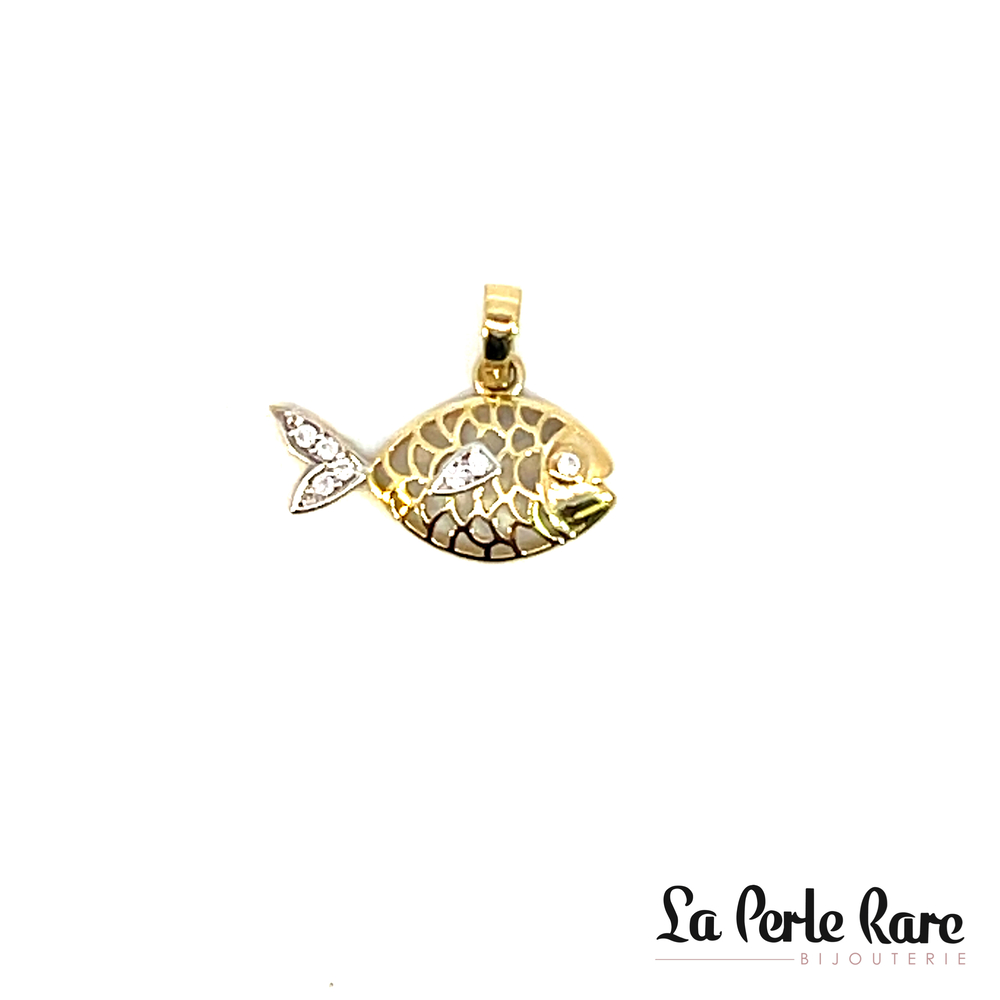 Pendentif poisson, or 2 tons (jaune/blanc) 10 carats, zircons incolores - POZ-548-2T - Exclusivités