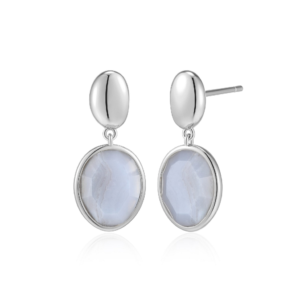 Boucles d'oreilles pendantes argent rhodié, agates dentelle bleue