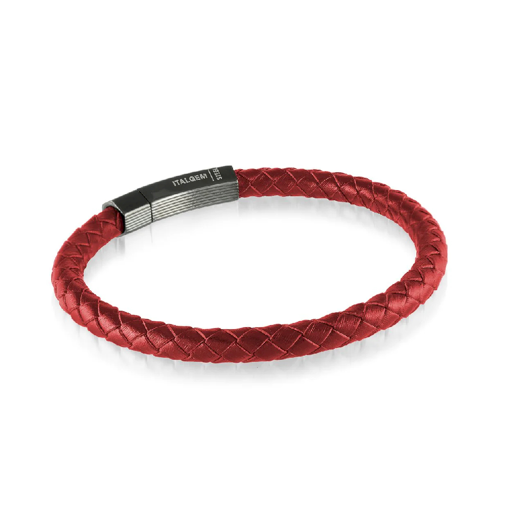 Bracelet cuir rouge tressé, acier inoxydable noir - SLB564 - Italgem Steel