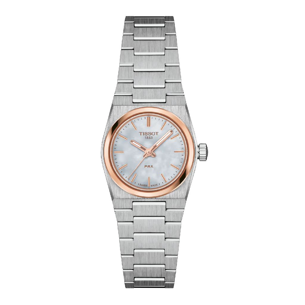 PRX watch, two tone stainless steel (white and rose), mother of pearl dial