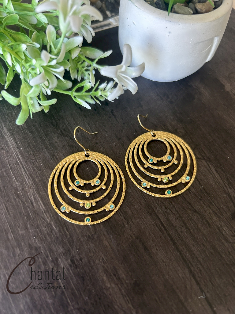 Boucles d'oreilles pendantes Nuria turquoise, acier inoxydable doré, zircons bleus et turquoises