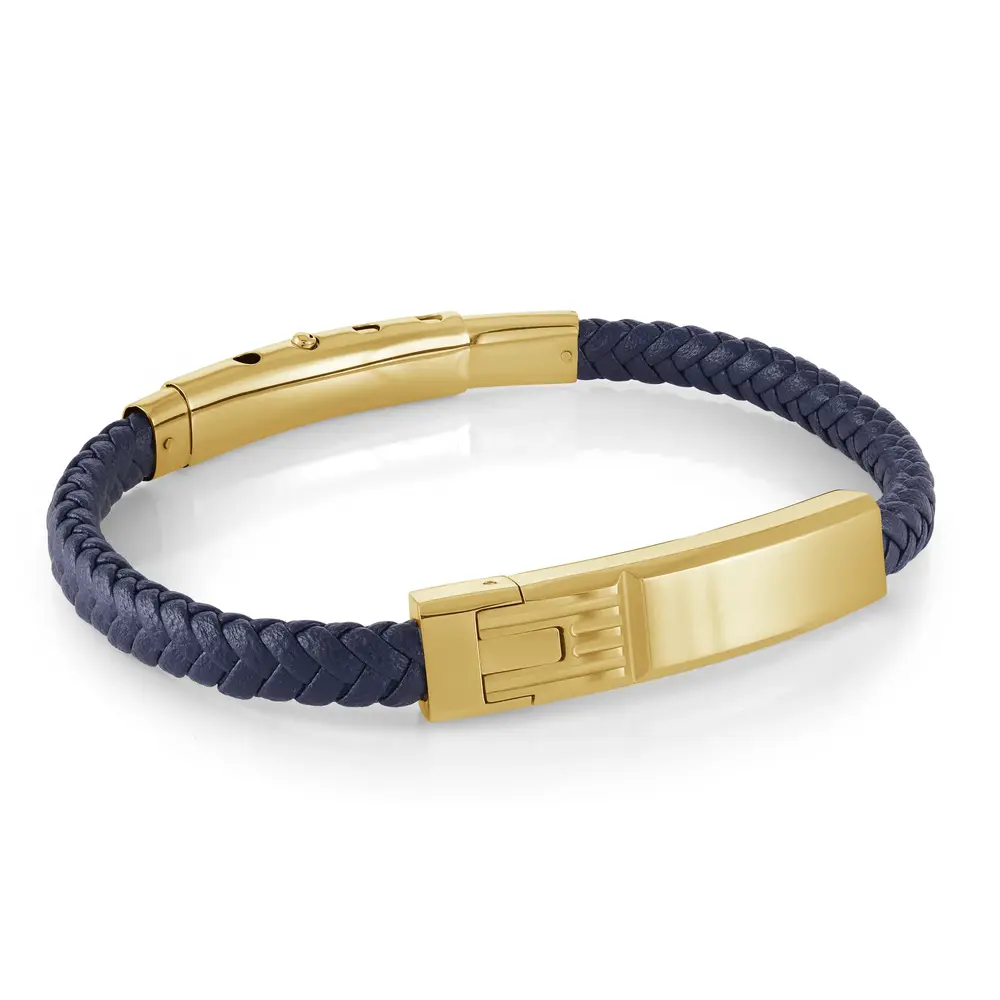 Bracelet cuir marine tressé, acier doré - SLB600 - Italgem Steel