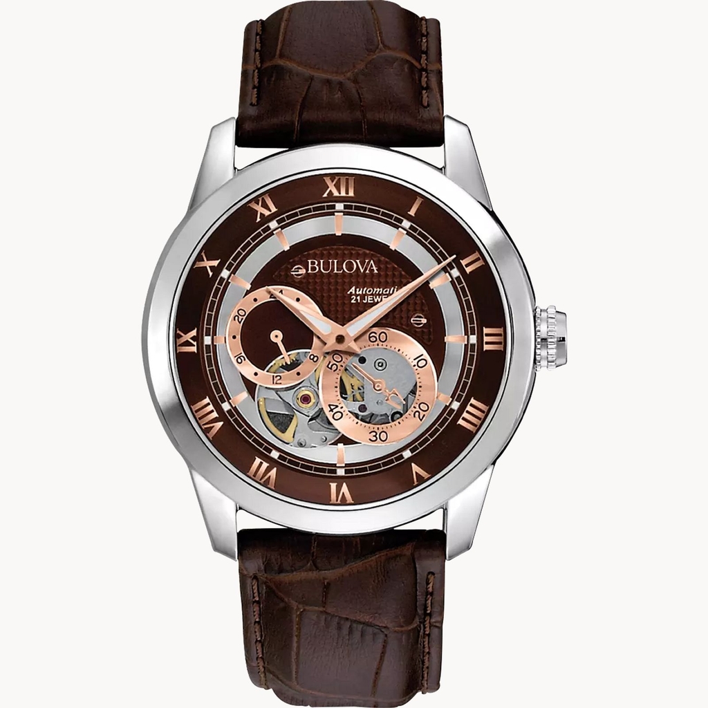 Montre automatique, cuir brun, acier inoxydable, fond brun - 96A120 - Bulova