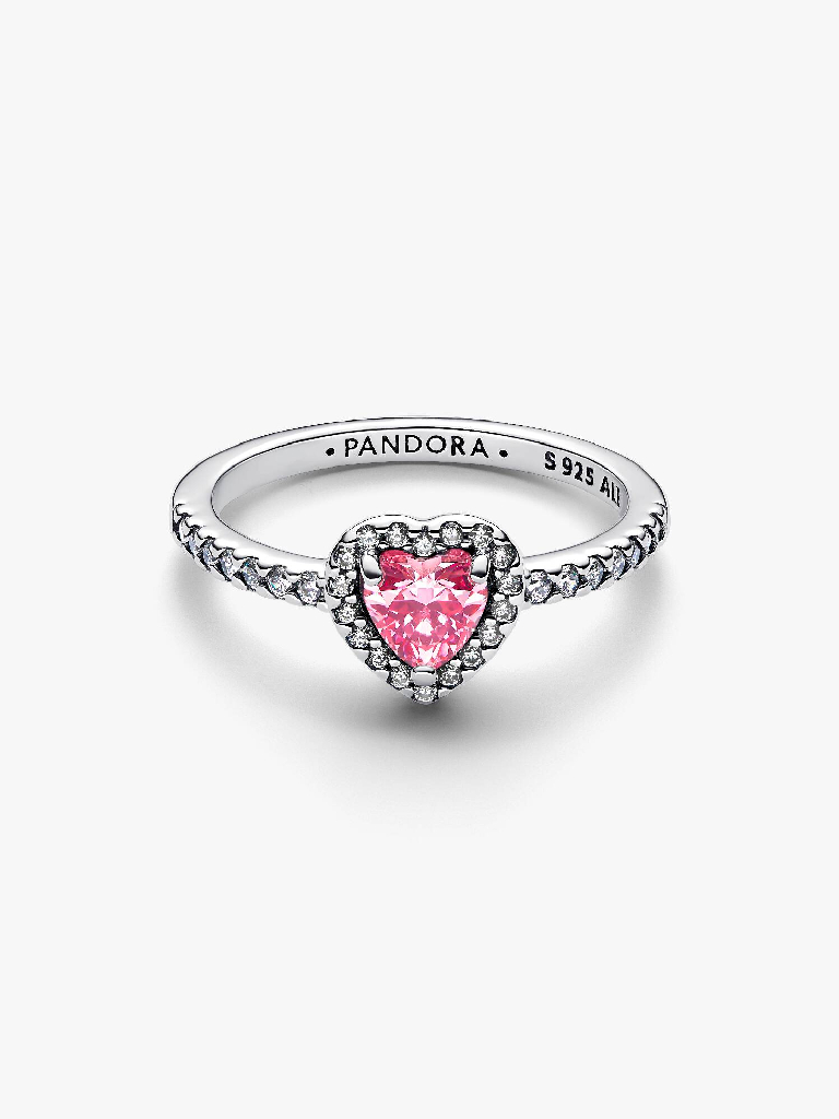 Bague coeur surélevé, argent, zircons incolores et rose