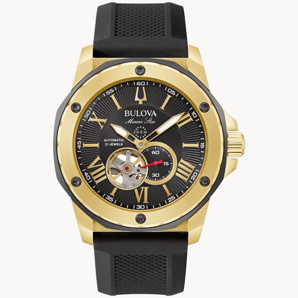 Montre Marine Star automatique, acier inoxydable jaune, silicone noir et rouge, fond noir - 98A272 - Bulova