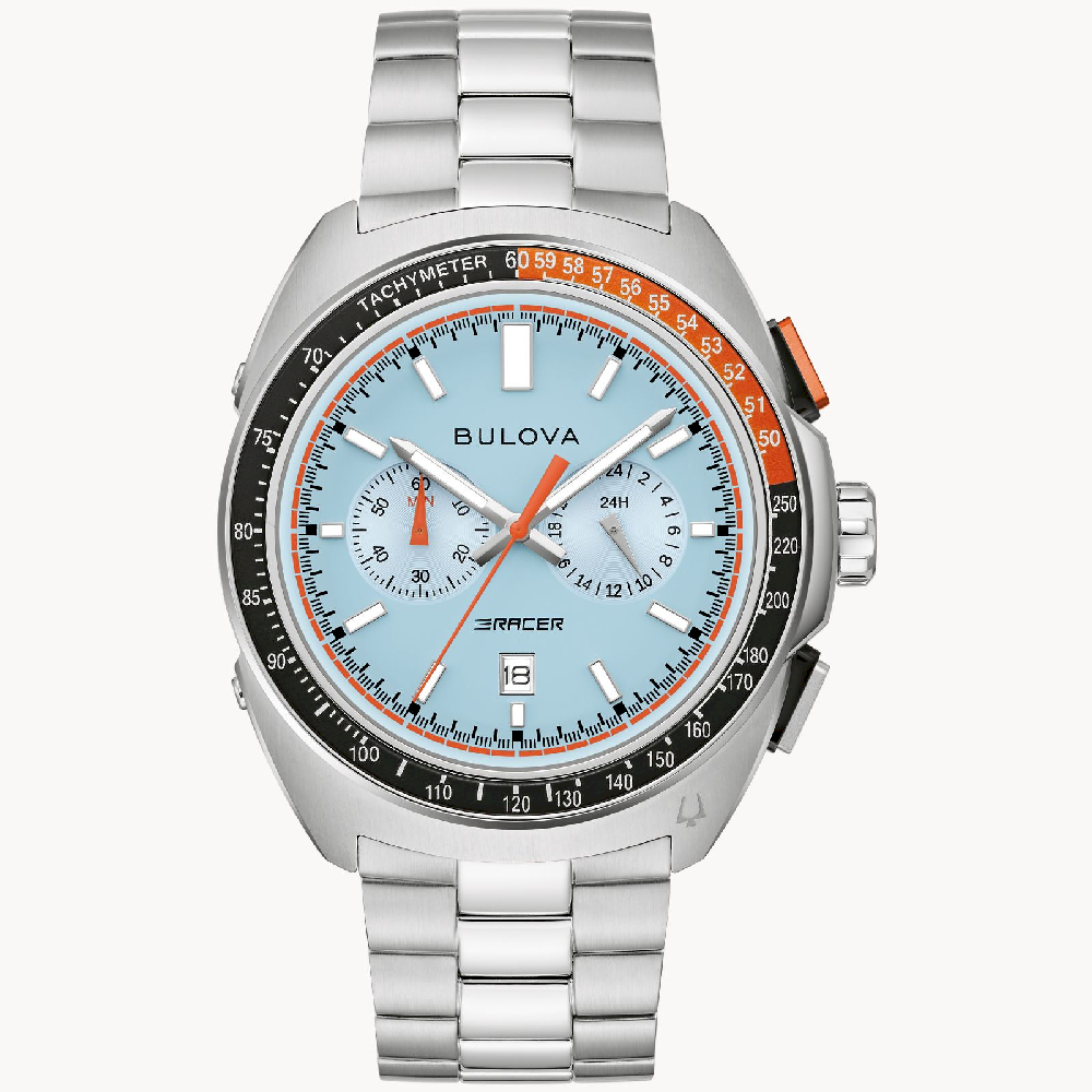 Montre Racer, acier inoxydable 3 tons (blanc/noir/orange), fond bleu - 98B432 - Bulova