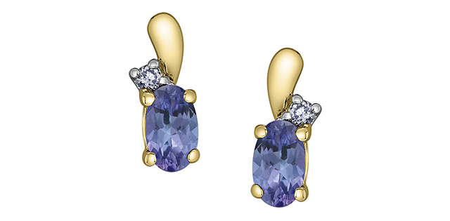 Boucles d'oreilles fixes or jaune 10 carats, tanzanites, 3 points de diamant total - DD8291YTZ - Corona