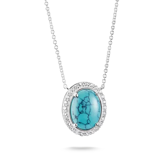 Collier argent, imitation turquoise, zircons incolores