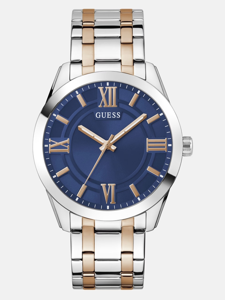 Montre acier inoxydable 2 tons (blanc et rose), fond bleu - GW0893G2 - Guess