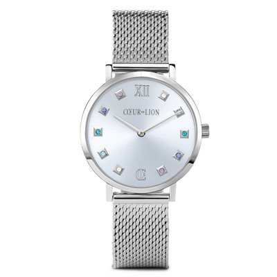Montre acier, fond argenté, cristaux multicolores Montre acier, fond argenté, cristaux multicolores