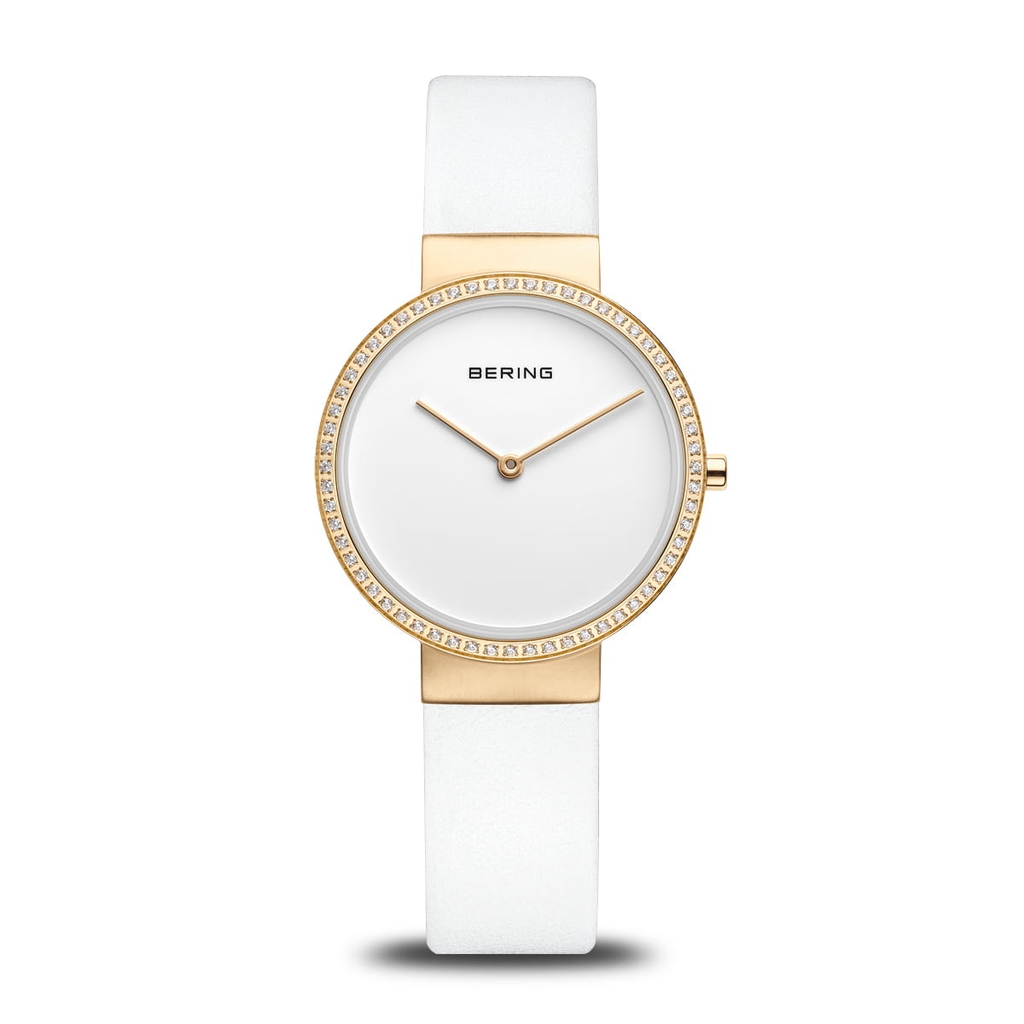 Montre femme acier doré sertie de cz, bracelet cuir blanc - 14531-630 - Bering