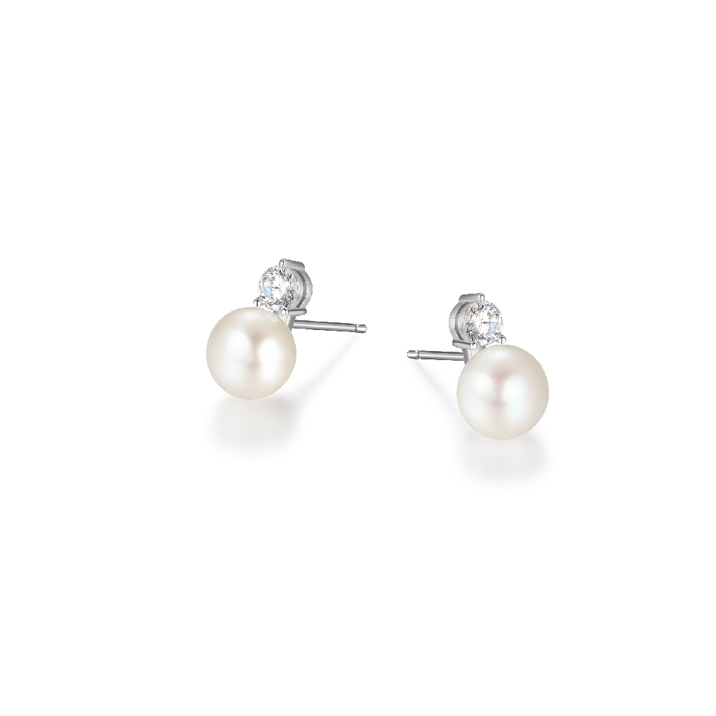 Boucles d'oreilles fixes argent rhodié, perles, zircons incolores - R2LCSA4558 - Elle