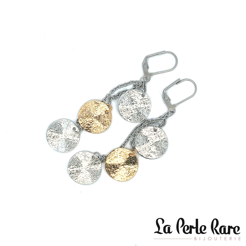 Boucles d'oreilles pendantes acier inoxydable 2 tons (blanc et jaune) - 171-ER8402 - Steelx