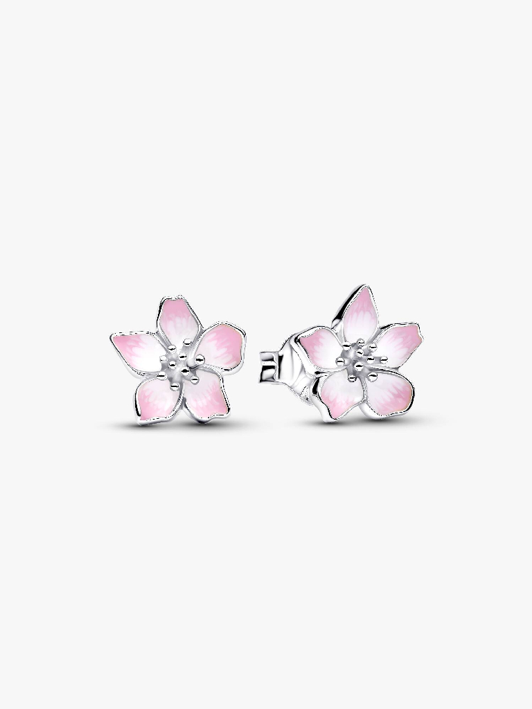 Boucles d'oreilles fixes fleurs de cerisier, argent, émail rose et blanc