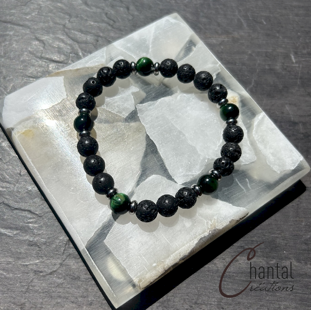 Bracelet extensible Nicolas vert, pierre de lave, oeil-de-tigre vert, acier inoxxydable