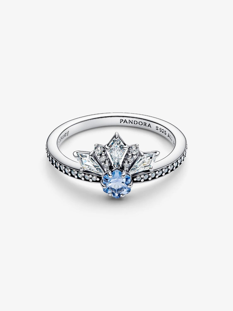 Bague Disney, tiare d'Elsa Reine des Neiges, argent, cristal bleu, zircons incolores