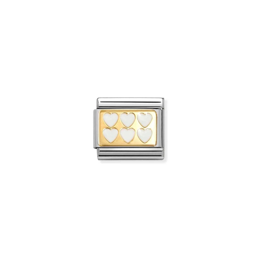 Maille classique rangées de coeurs, acier inoxydable, finition or jaune 18 carats, émail blanc