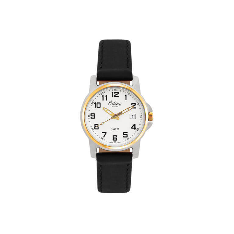 Montre cuir noir, acier 2 tons, fond blanc Montre cuir noir, acier 2 tons, fond blanc