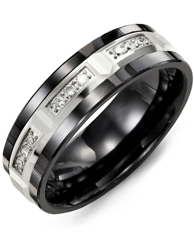 Jonc céramique noire, or blanc 10 carats, 6 points de diamant total, 7 millimètres - MDM710CW-6R - Madani