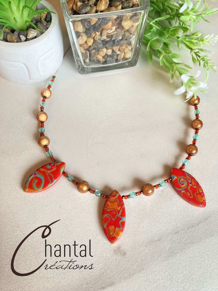 Collier Féline corail, argile polymère, acier inoxydable - 25-CO-4 - Création Chantal