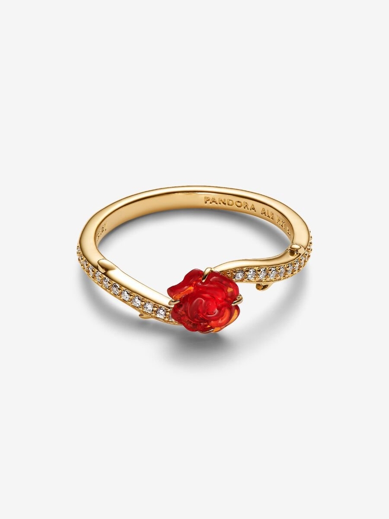 Bague Disney La Belle et la Bête, rose enchantée, métal unique plaqué d'or 14 carats, zircons incolores, verre de Murano rouge - 163984C01-52 - Pandora