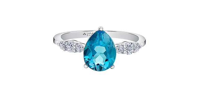 Bague or blanc 10 carats, topaze bleue, 25 points de diamant total, certificat - 4498WG-10 - Corona