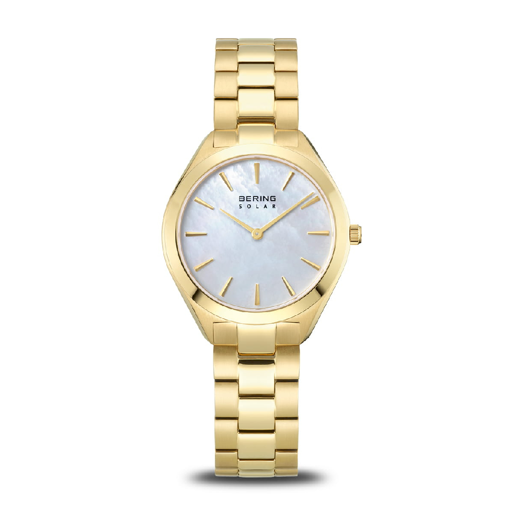 Montre solaire, acier inoxydable doré, fond nacré