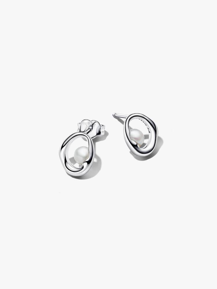 Boucles d'oreilles fixes ovales de forme organique, argent, perles d'eau douce, zircons incolores