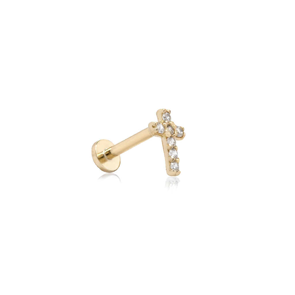 Boucle d'oreille fixe vissée (seule), croix, or jaune 14 carats, zircons incolores - GE-14-1032 - Exclusivités
