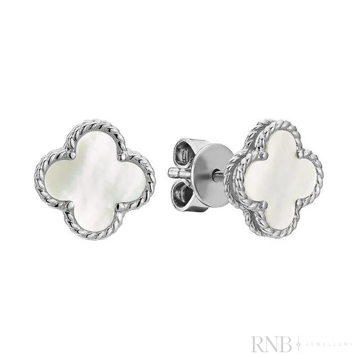 Boucles d'oreilles fixes de style Van Cleef, or blanc 10 carats, nacre de perle