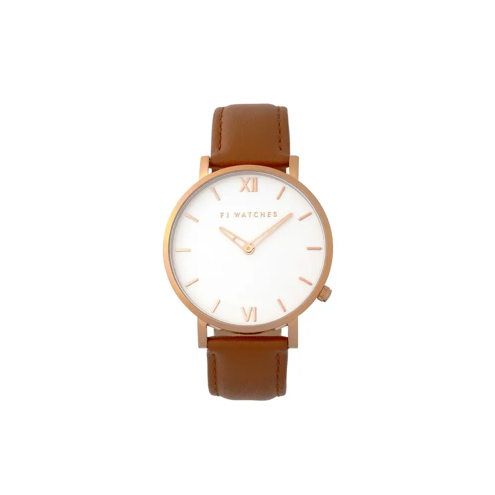 Montre golden sun, cuir brun pâle, acier rosé, fond blanc - 1021-42 - FIVE JWLRY