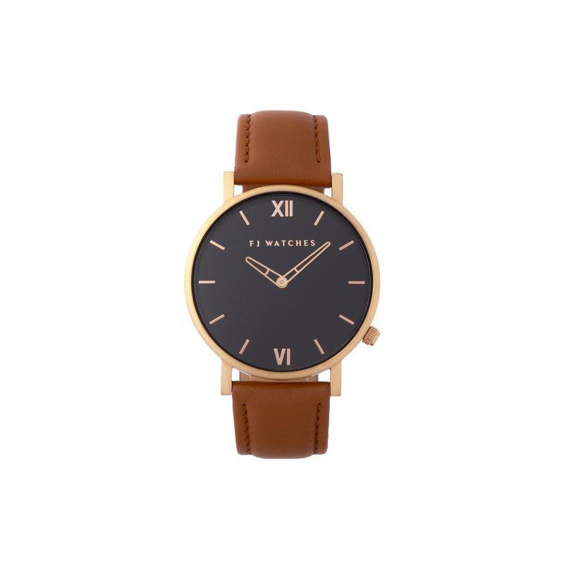 Montre golden moon, cuir brun, acier rosé, fond noir - 1004-42 - FIVE JWLRY